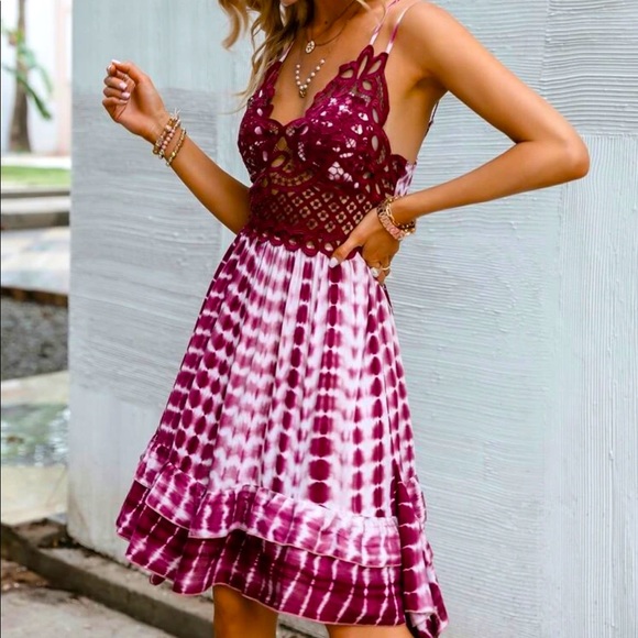 Lace Tiered Layer Spaghetti Strap Tie Dye Dress - Picture 3 of 6